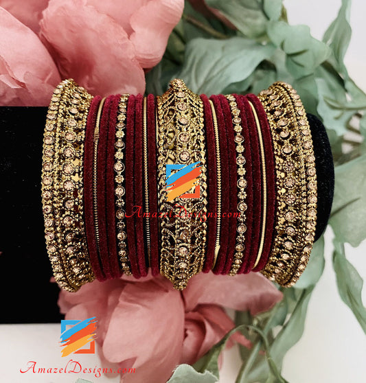 Maroon Velvet Antique Bangles Set