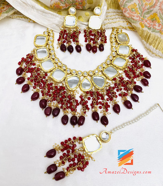 Maroon Big Size Kundan Necklace Earrings Tikka Set