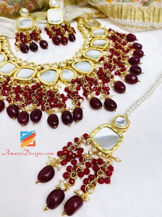 Maroon Big Size Kundan Necklace Earrings Tikka Set