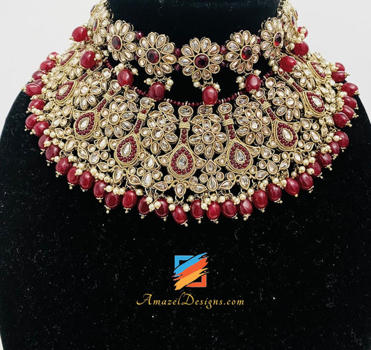 Maroon Polki Bridal Necklace Choker Earrings Tikka Nath and Passa Set