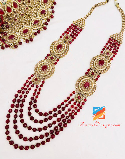 Polki Maroon Collana da sposa Lungo Mala Tikka Hand Piece Matha Patti Nath Passa Orecchini Set completo 