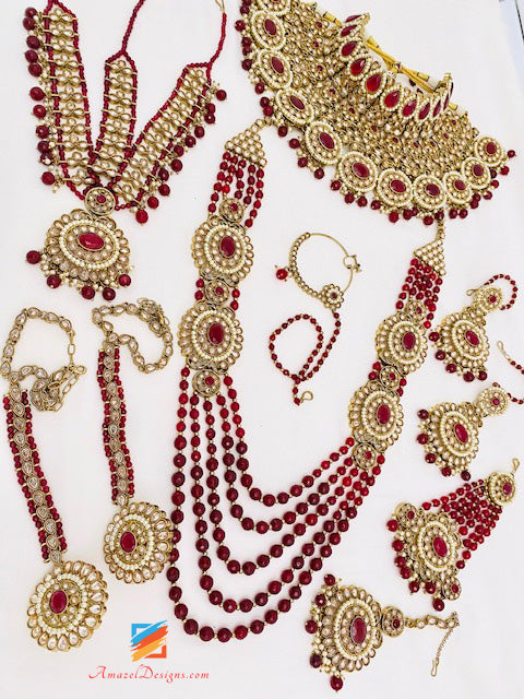 Polki Maroon Bridal Necklace Long Mala Tikka Hand Piece Matha Patti Nath Passa Earrings Full Set