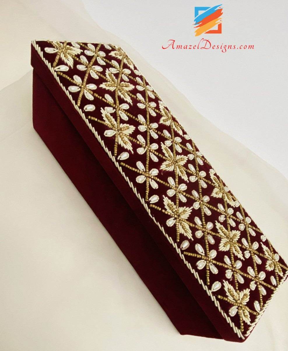 Maroon Choora Box With Hand Work Of Pearls And Dabka