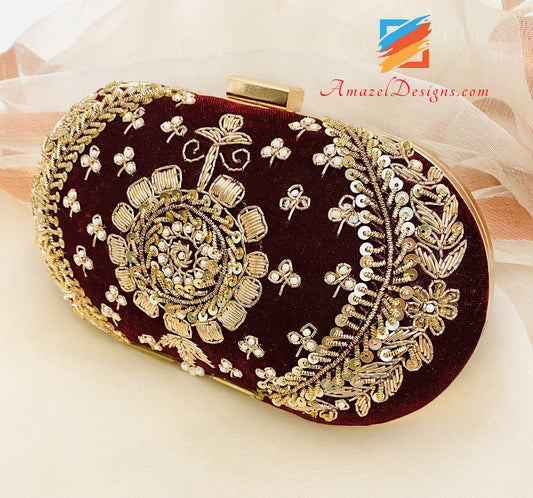 Maroon Dabka Work Oval Clutch