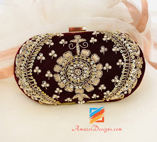Maroon Dabka Work Oval Clutch