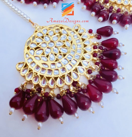 Maroon Golden Kundan Earrings Tikka Set