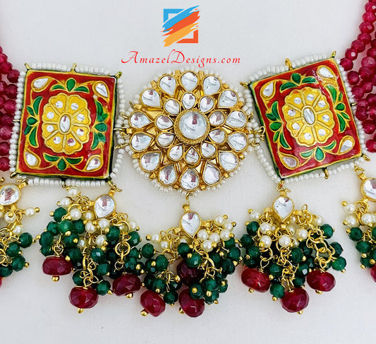 Maroon Green Hand Painted Meenakari Necklace Earrings Set