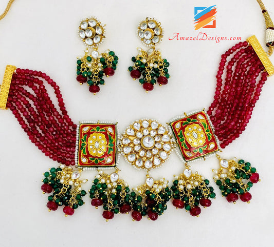 Set di orecchini con collana Meenakari dipinti a mano verde bordeaux 