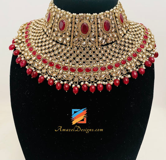 Maroon Heavy Bridal Polki Necklace Earrings Tikka Nath and Passa Set