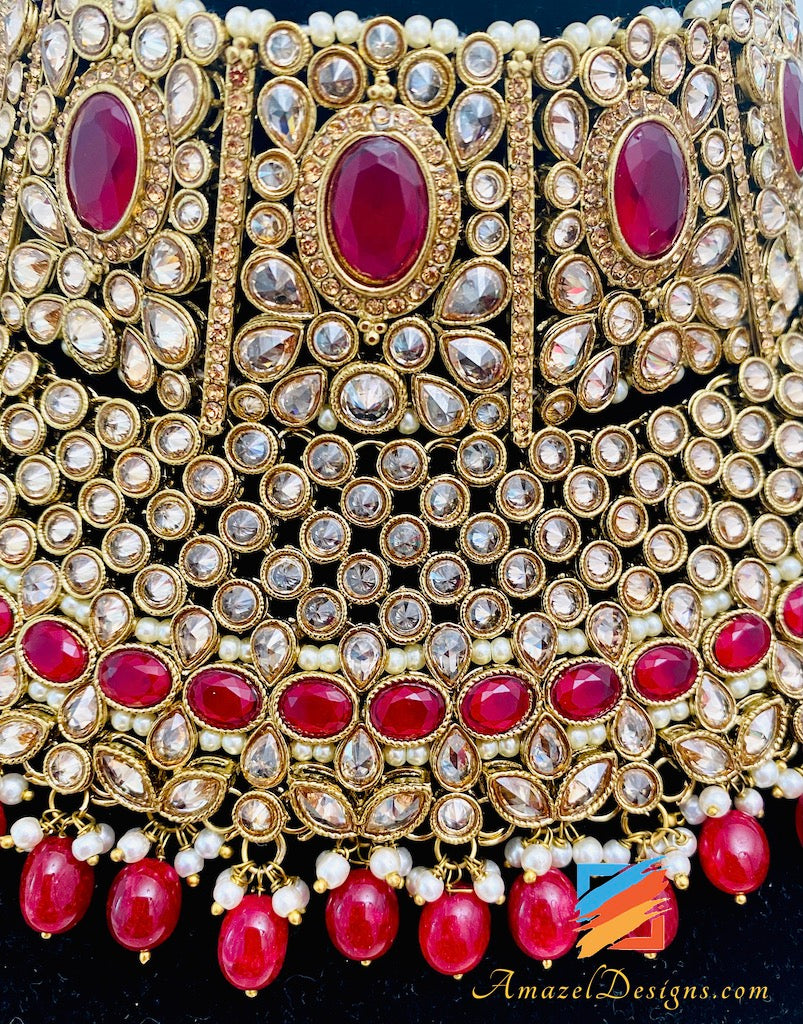 Maroon Heavy Bridal Polki Necklace Earrings Tikka Nath and Passa Set