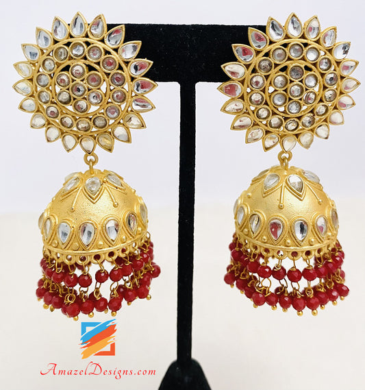 Maroon Kundan Jhumka Orecchini Tikka Set