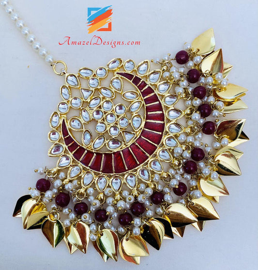 Maroon Ruby Kundan Pippal Patti Jhumka Set Tikka oversize