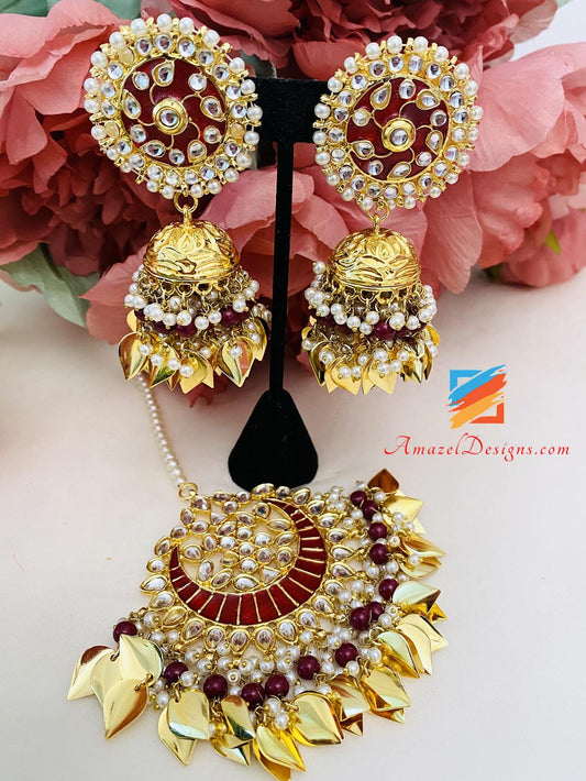 Maroon Ruby Kundan Pippal Patti Jhumka Set Tikka oversize