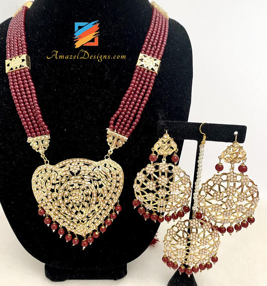 Maroon Lightweight Jadau Long Haar Necklace Set