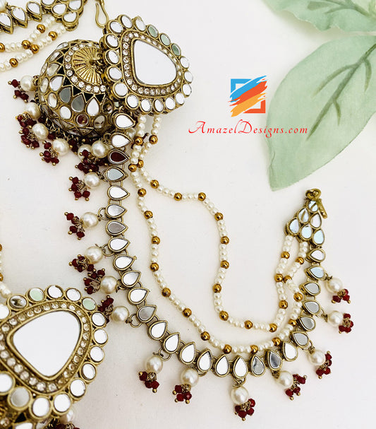 Maroon Mirror With Sahara Ear Chain Jhumka Earrings Tikka Set