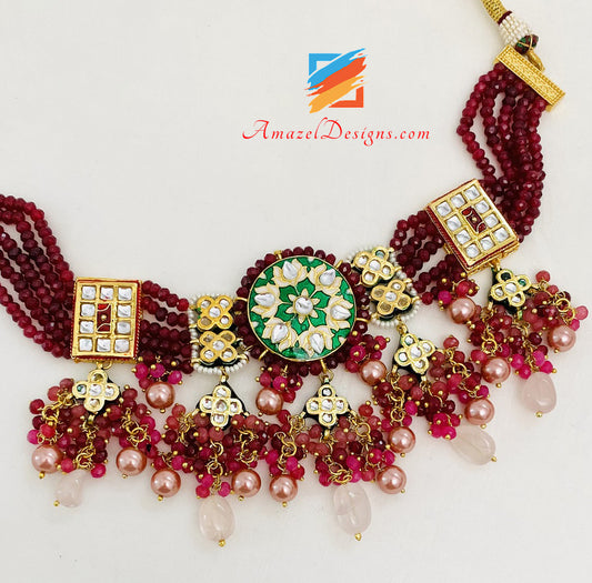 Maroon Mehrfarbiges Meenakari Handbemaltes Halsketten-Ohrring-Set 
