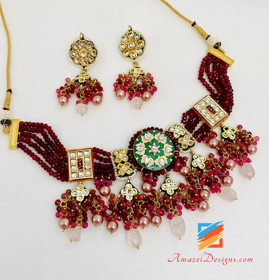 Maroon Multicoloured Meenakari Hand Painted Necklace Earrings Set