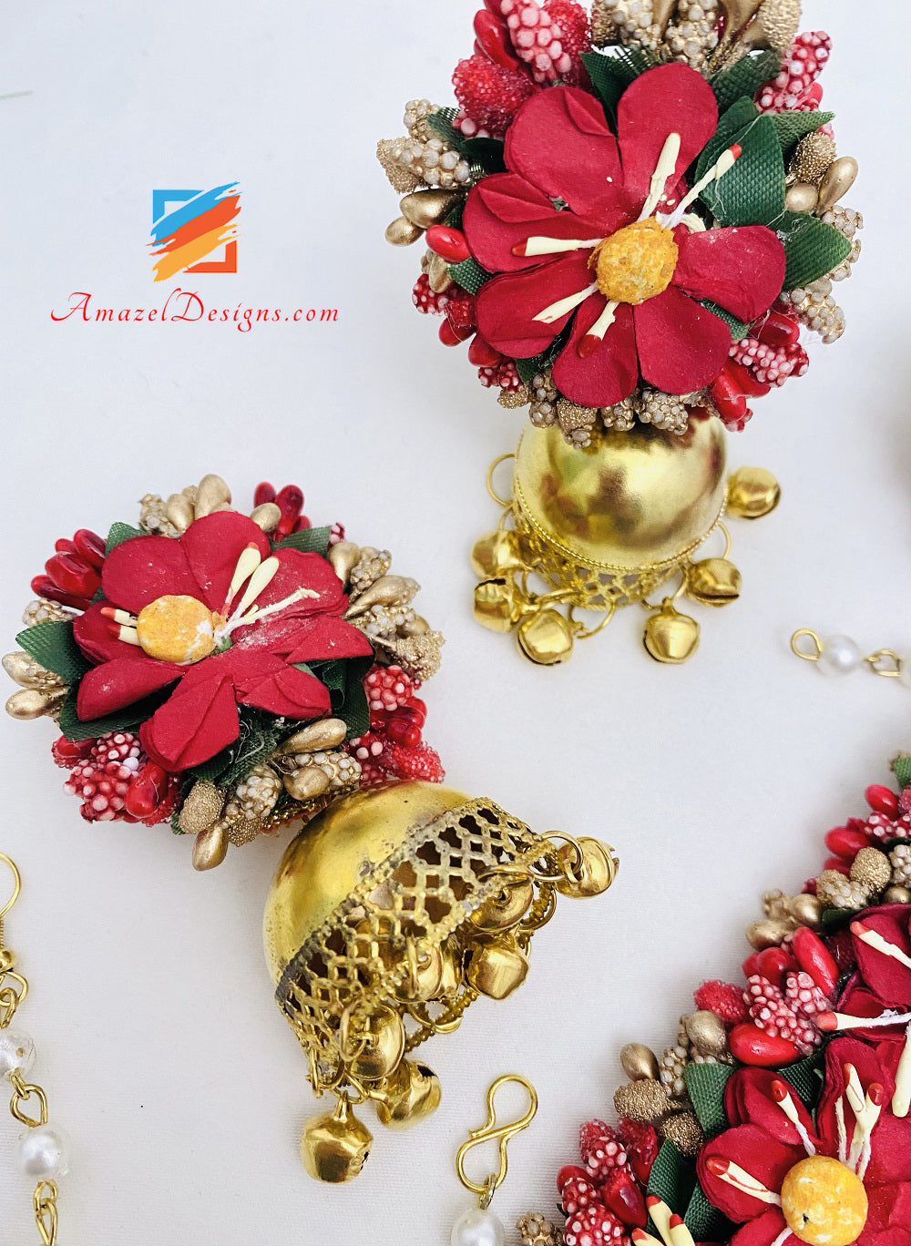 Maroon Necklace Jhumka Earrings Hand Pieces Tikka Flower Set