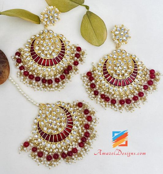 Maroon Painted Kundan Oversized Earrings Tikka Set