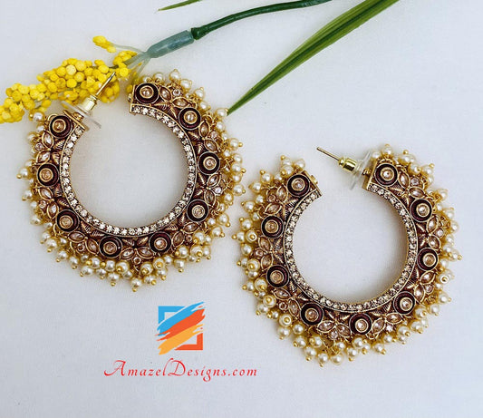 Maroon Painted Pearly Polki Hoops