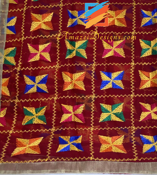 Maroon Phulkari With Tissue Gotta