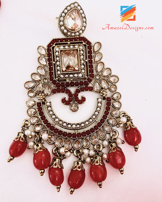 Maroon Polki Earrings Tikka Set