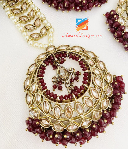 Maroon Polki Earrings Tikka Set