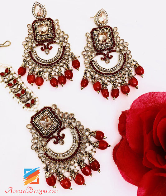 Maroon Polki Earrings Tikka Set