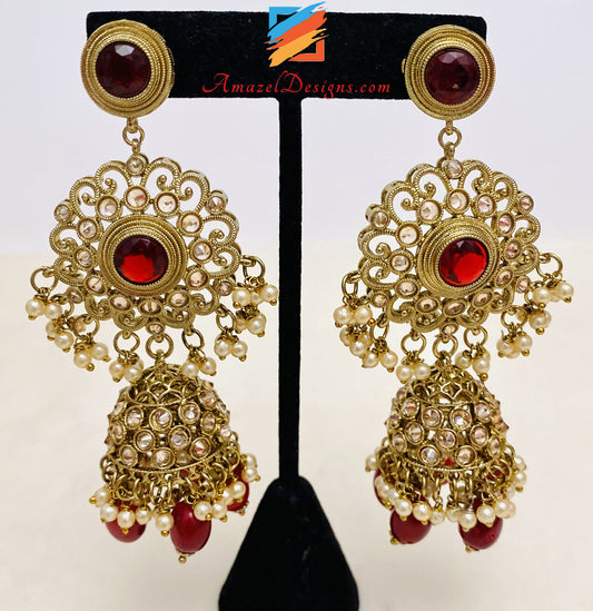 Maroon Polki Kundan Collana Orecchini Tikka Set