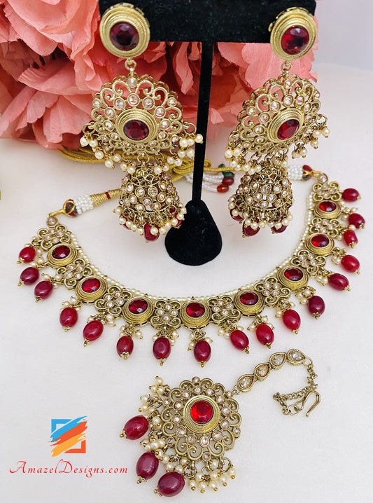 Maroon Polki Kundan Necklace Earrings Tikka Set