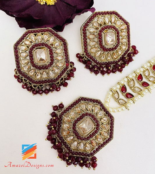 Maroon Polki Lightweight Studs Earrings Tikka Set