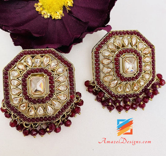 Maroon Polki Lightweight Studs Earrings Tikka Set