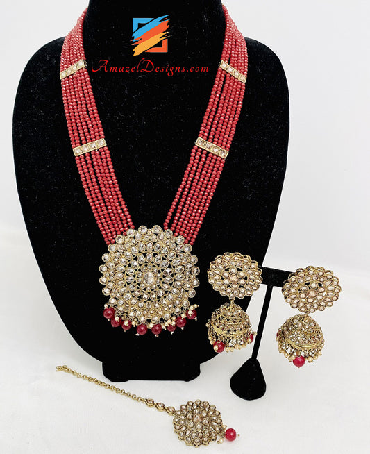 Maroon Polki Long Haar Jhumki Earrings Tikka Set