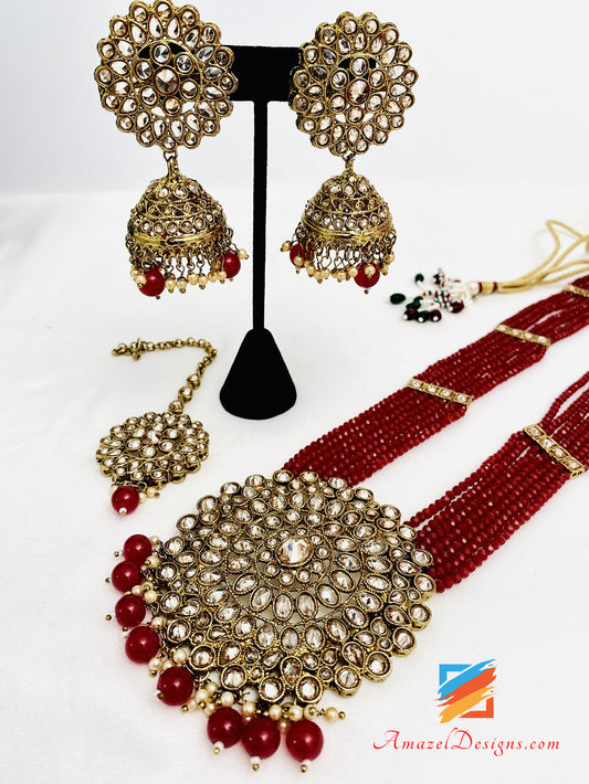 Maroon Polki Long Haar Jhumki Earrings Tikka Set