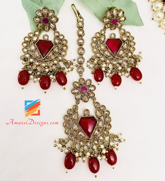 Maroon Polki Monalisa Necklace Tikka Set
