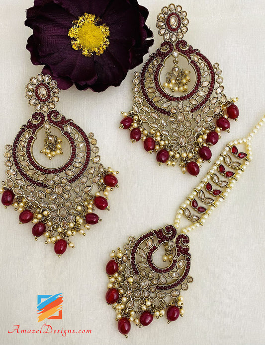 Maroon Polki Oversized Earrings And Tikka Set