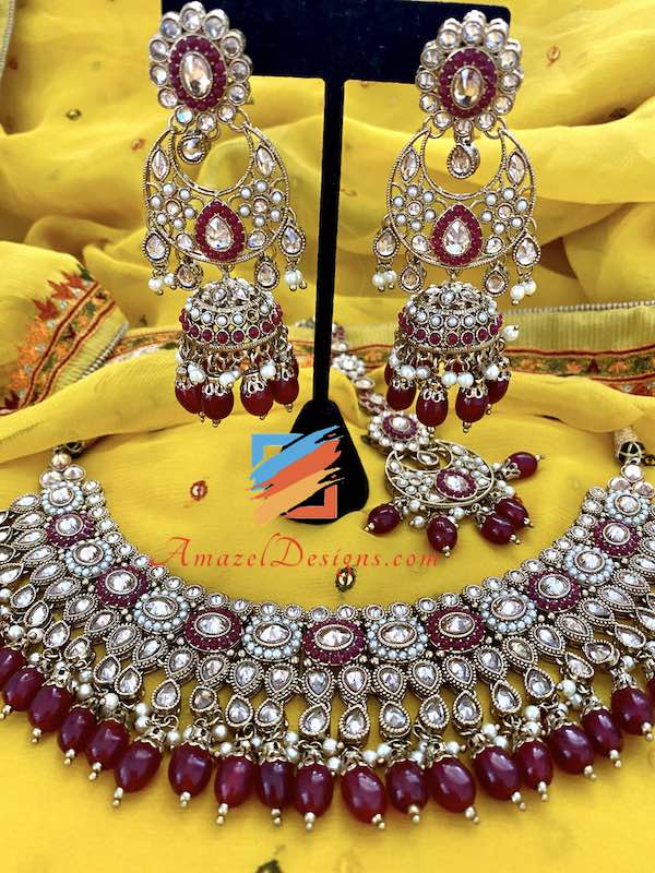 Maroon Polki Wedding Necklace with Chandbali Jhumki Earrings Tikka Set