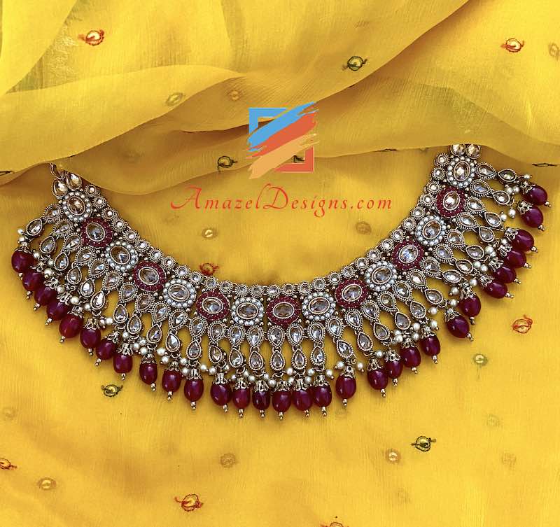 Maroon Polki Wedding Necklace with Chandbali Jhumki Earrings Tikka Set