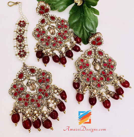 Maroon Polki and Beads Earrings Tikka Set