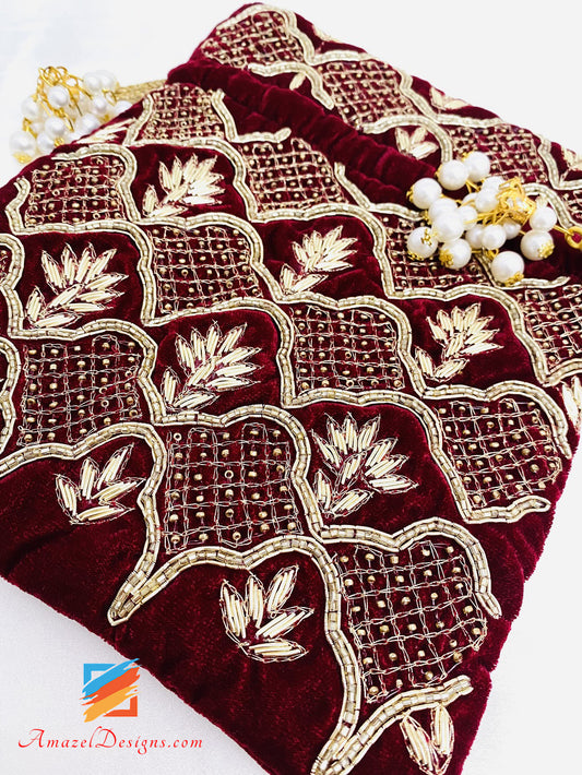 Maroon Potli Dabka Tiny Beads Work