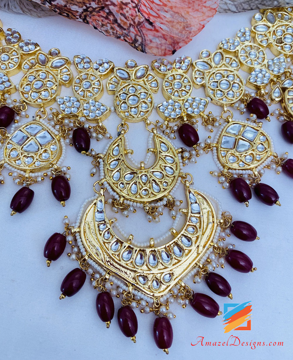 Maroon Ruby Golden Kundan Pendant Necklace Earrings Tikka Set