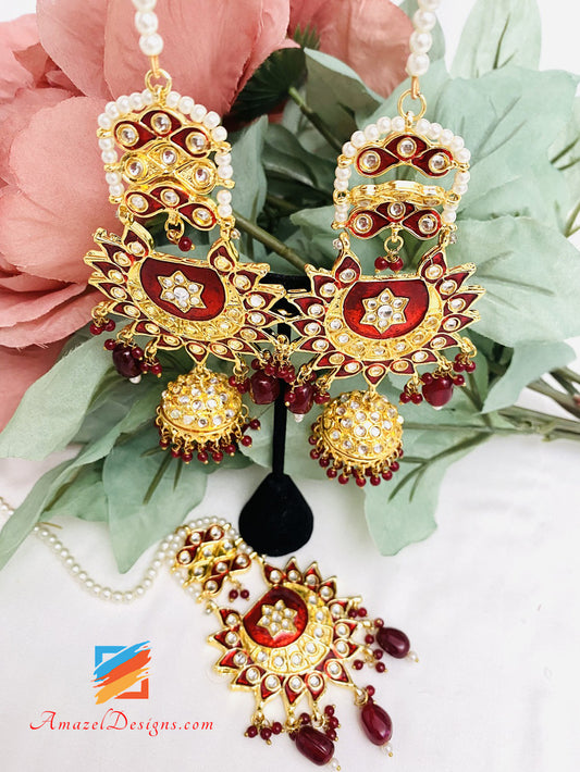 Maroon Ruby Kundan Chandbali Jhumki Ohrringe Tikka Set 