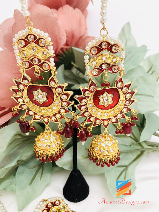 Maroon Ruby Kundan Chandbali Jhumki Ohrringe Tikka Set 