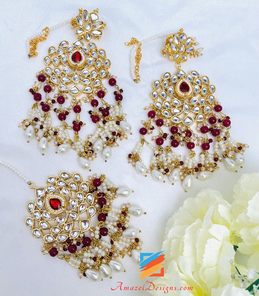 Maroon Ruby Kundan Choker Necklace Earrings Tikka Set