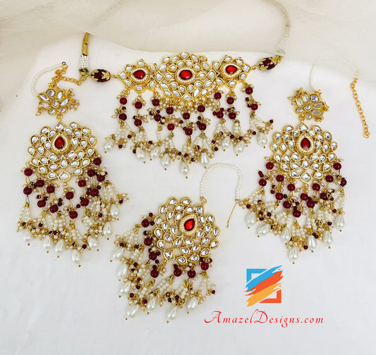 Kastanienbrauner Rubin Kundan Choker Halskette Ohrringe Tikka Set 