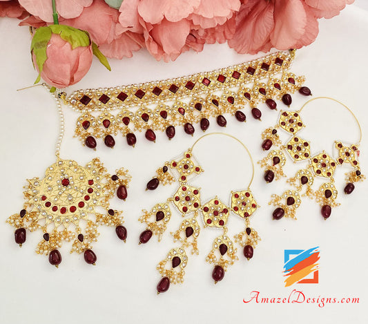 Maroon Ruby Kundan Choker Oversized Lightweight Balley Earrings Tikka Set