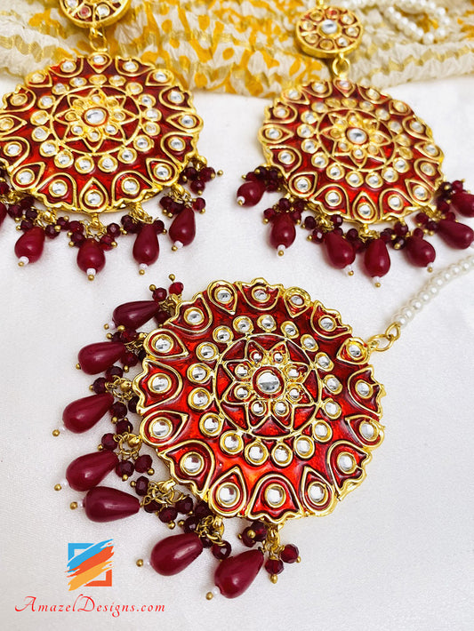 Set Tikka con orecchini Kundan color rubino marrone 