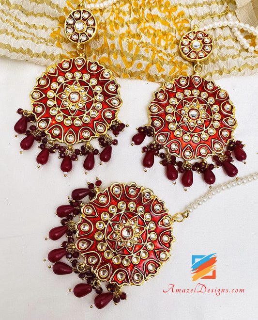 Maroon Rubin Kundan Ohrringe Tikka Set 