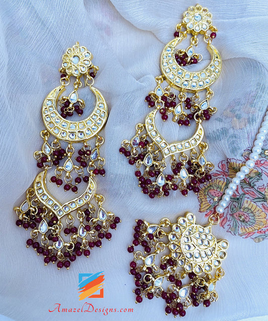 Maroon Rubin Kundan Ohrringe Tikka Set 