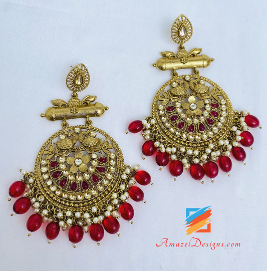 Maroon Ruby Kundan Oversized Earrings